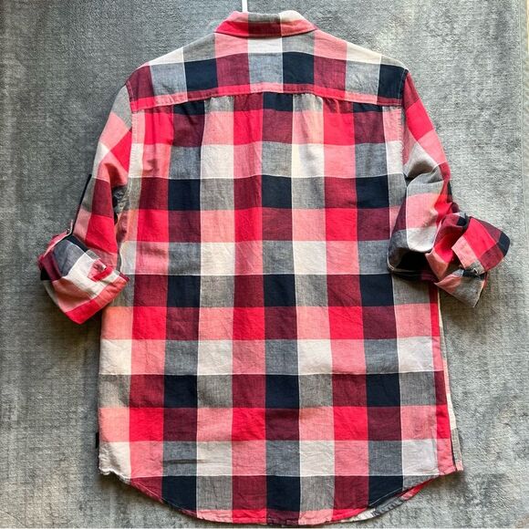 Perry Ellis Sz M Linen Cotton Blend Plaid Red Long Sleeve Shirt Button Down - Picture 14 of 14